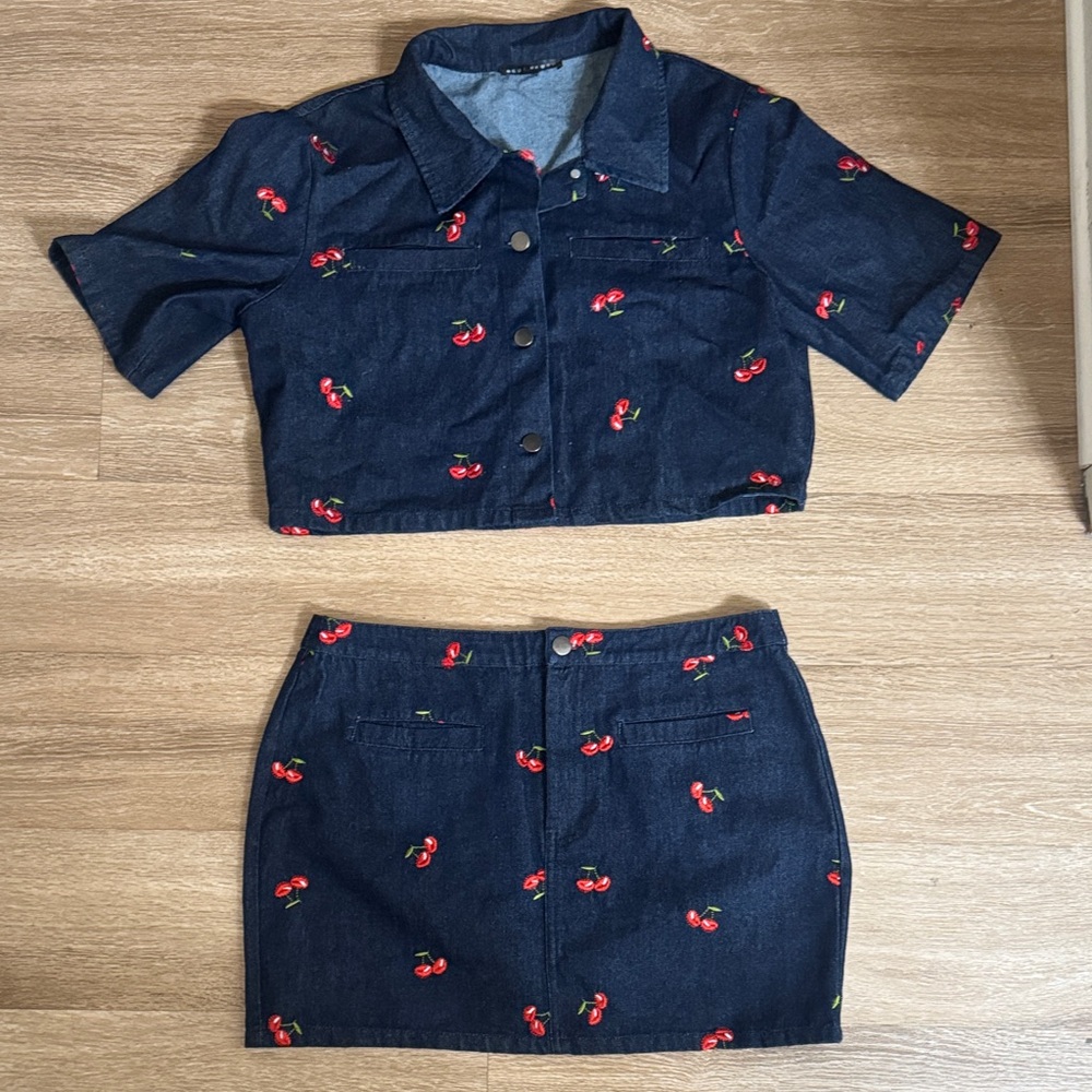 Cherry Print Denim Crop Top and Skirt Set